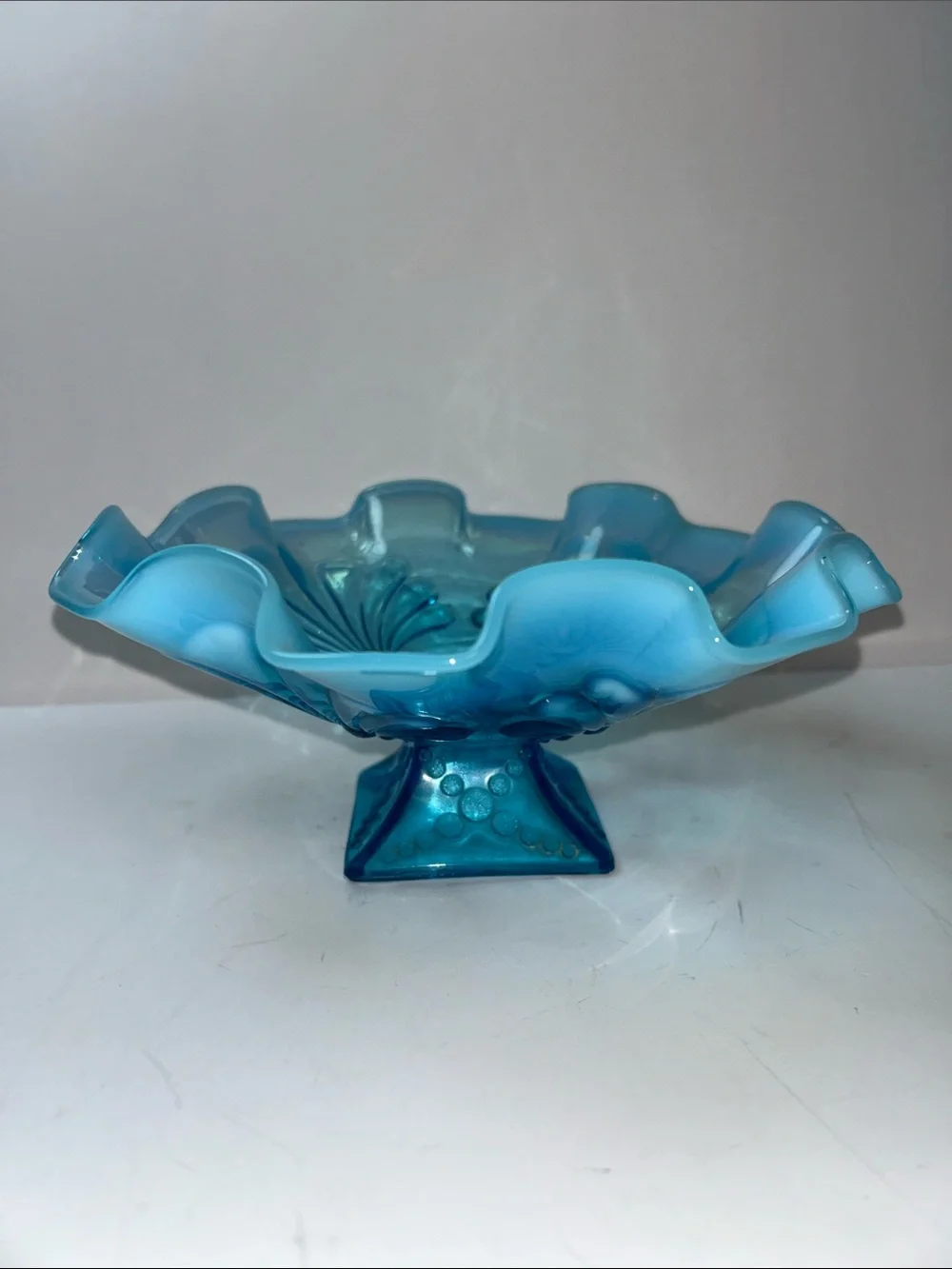 Jefferson Glass opalescent blue glass bowl ruffled edge intricate floral pattern